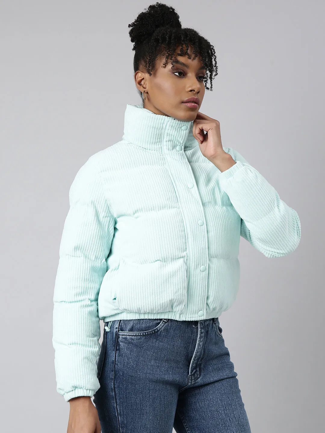 Women Solid Sea Green Puffer Jacket