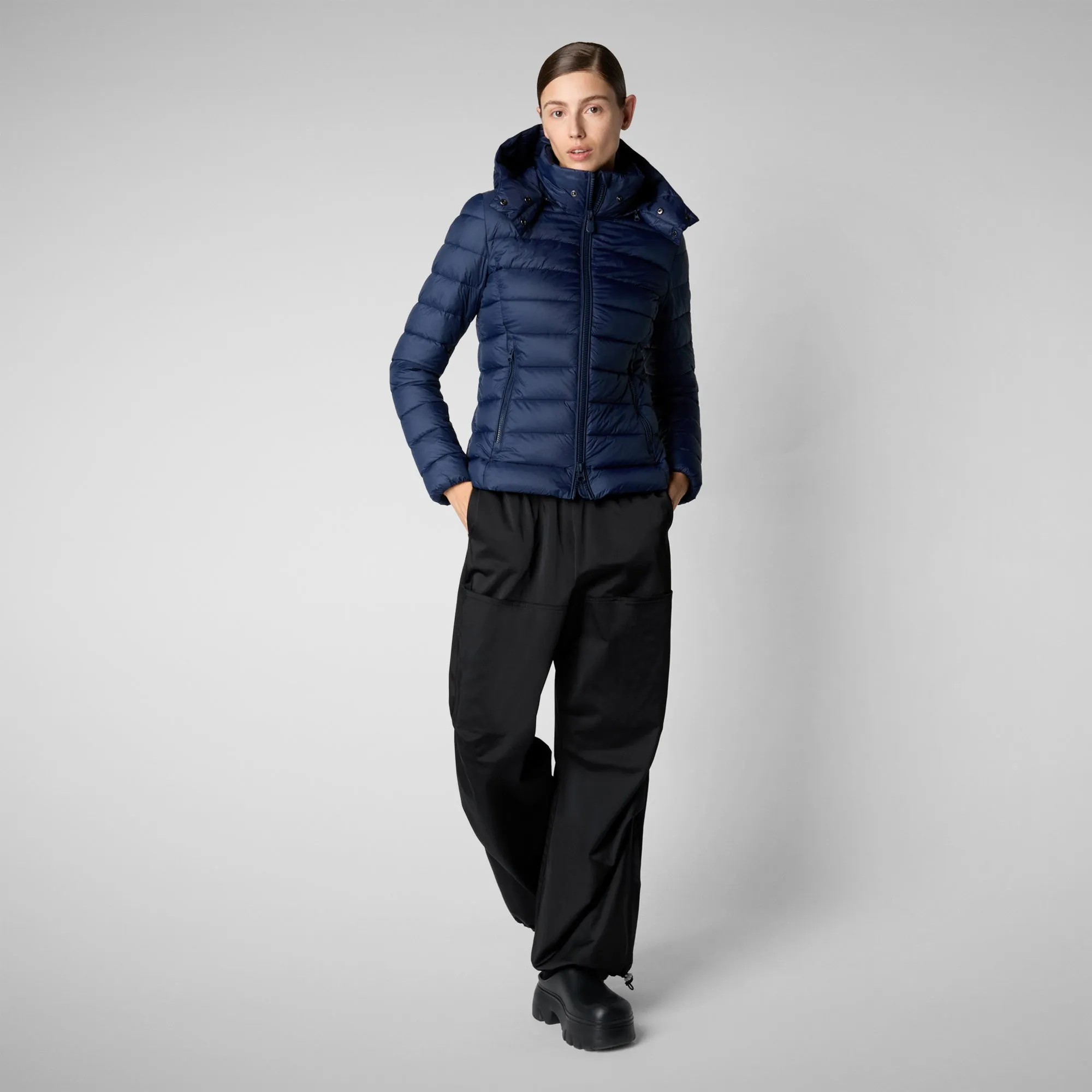 Women's Animal free Puffer Jacket Amelie  with Detachable Hood in Navy Blue