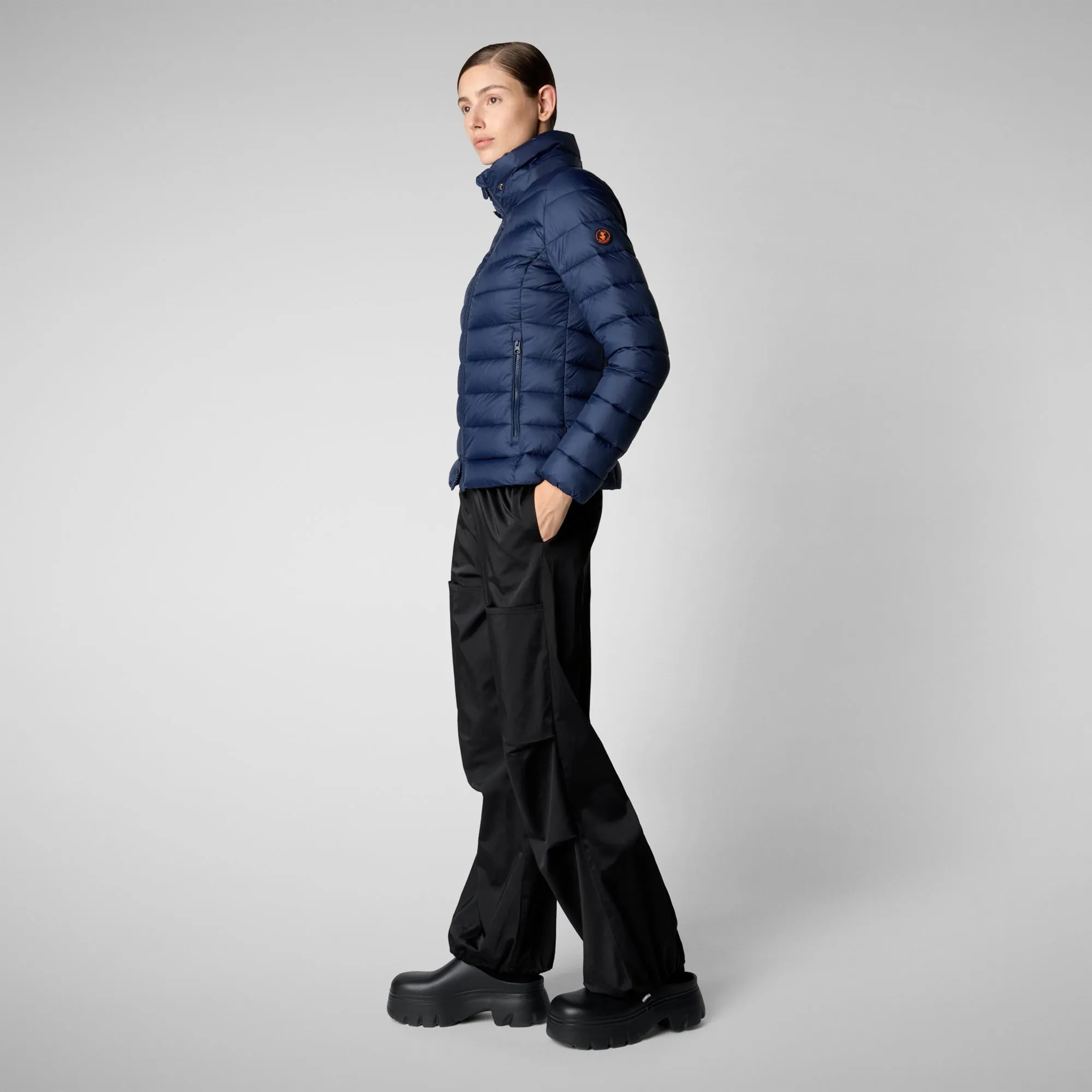 Women's Animal free Puffer Jacket Amelie  with Detachable Hood in Navy Blue