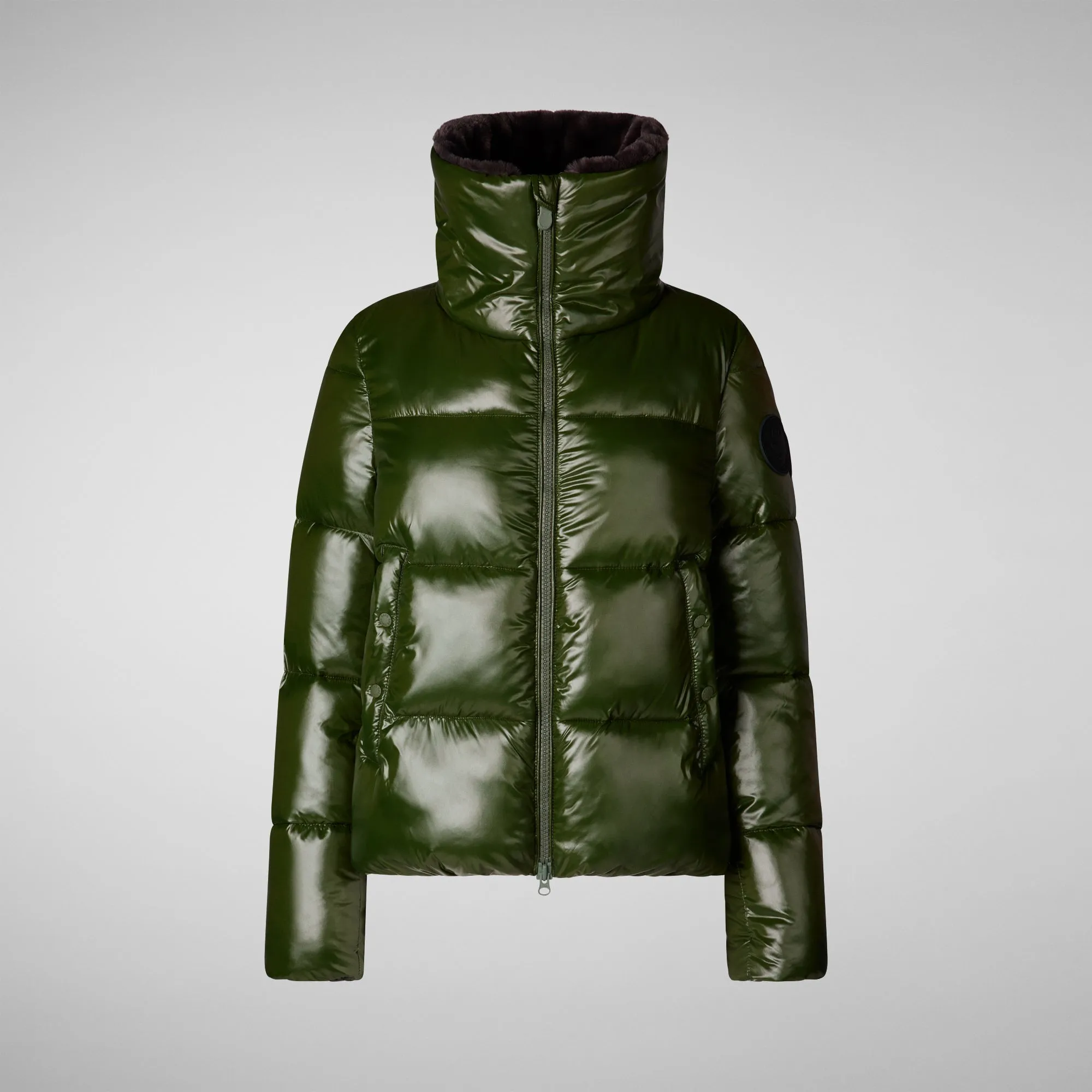 Women's Animal free Puffer Jacket Moma  with Faux Fur Lining in Pine Green