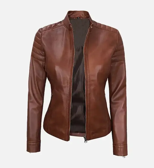 Women's Cafe Racer Brown Padded Leather Jacket