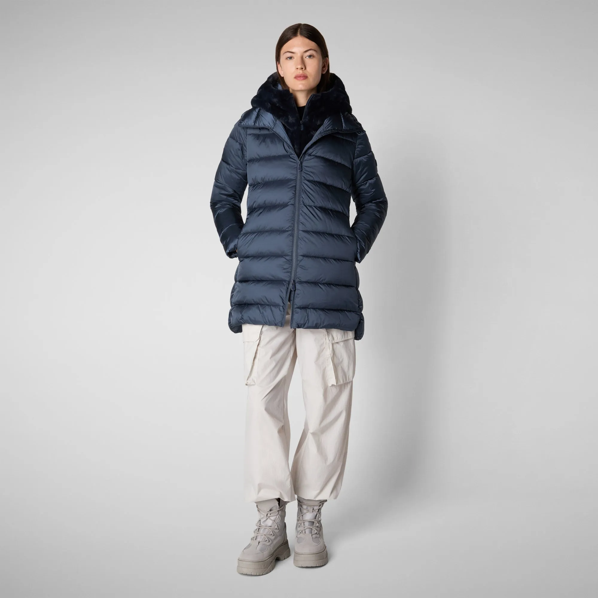 Women's Hooded Animal free Puffer Coat Matilda  with Faux Fur in Night Blue