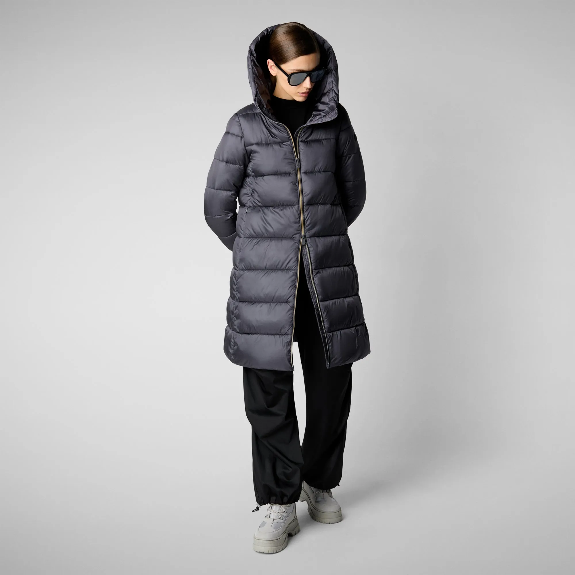 Women's Hooded Animal free Puffer Lysa Coat Ebony Grey